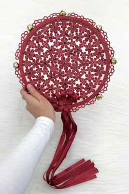 Bordo Çiçekli Parlak Taşlı Gelin Tefi, Düğün Kına Söz Sünnet Bekarlığa Veda Bride Zilli 25cm, 1 Adet