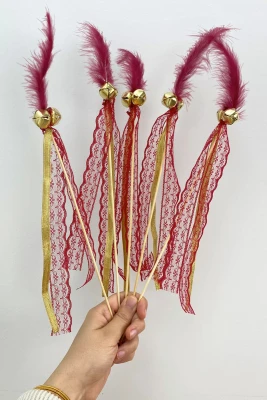 Bordo Çubuk Nedime Zili Tüylü, Düğün, Kına Gecesi; Sünnet, Bride, Tüy Kurdele Süslemeli 10 Adet