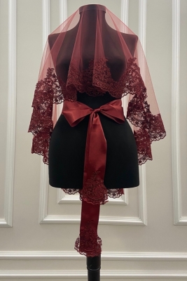 Bordo Dantelli Gelin Duvak Eldiven Kuşak Komple Set