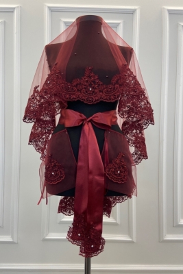 Bordo Dantelli Parlak Taş Ve Inci Süslemeli Gelin Duvak Seti Alı, Kına Gecesi, Düğün