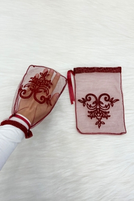 Bordo Flok Baskılı Gelin Eldiveni, Düğün Kına Gecesi Söz Nişan Bekarlığa Veda Nikah Bride