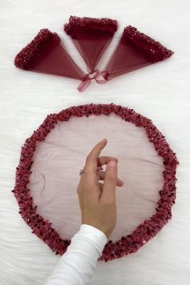 Bordo Gelin Damat Mendili, Halay El Mendili, Pullu Boncuklu Yaprak Desenli, Düğün Kına Sünnet Nişan