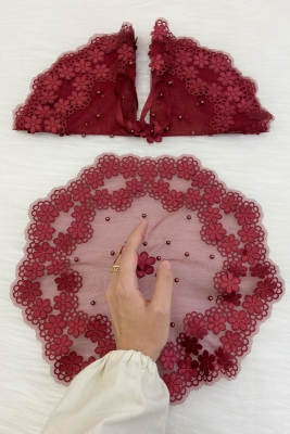 Bordo Gelin Damat Mendili, İnci Detaylı Düğün Halay Nedime Söz Nişan Kına Sünnet Bride Mendil