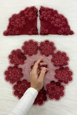 Bordo Gelin Damat Mendili, İnci Detaylı Düğün Halay Nedime Söz Nişan Kına Sünnet Bride Mendil