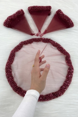 Bordo Gelin Damat Mendili, İnci, Pul Ve Cam Boncuk İşlemeli, Düğün Kına Sünnet Söz Nişan Halay