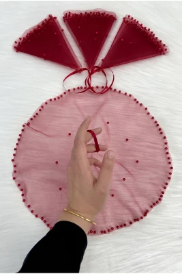 Bordo Gelin Damat Mendili, İnci Süslemeli, Kına Halay Düğün Nedime Sünnet Söz Nişan Bride Parti, 1 Adet
