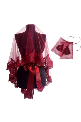 Bordo Gelin Duvak Eldiven Kuşak Tam Set Gelin Örtüsü