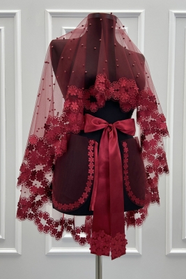 Bordo Gelin Duvak Seti, 3D Çiçek Ve İncili, Kına Gecesi Duvağı Yüz Örtüsü Seti 6 Parça