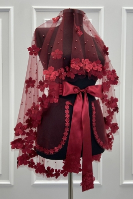 Bordo Gelin Duvak Seti, 3D Çiçek Ve İncili, Kına Gecesi Duvağı Yüz Örtüsü Seti 6 Parça