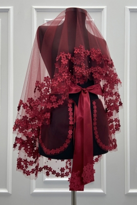 Bordo Gelin Duvak Seti, 3D Çiçek Ve İncili, Kına Gecesi Duvağı Yüz Örtüsü Seti 6 Parça