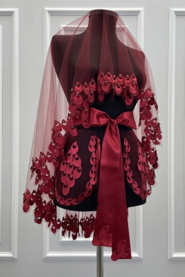 Bordo Gelin Duvak Seti, 3D Çiçek Ve Parlak Taşlı, Kına Gecesi Duvağı Yüz Örtüsü Seti 6 Parça