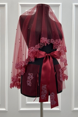 Bordo Gelin Duvak Seti, Cam Boncuk Ve İncili, Kına Gecesi Duvağı Yüz Örtüsü Seti 6 Parça