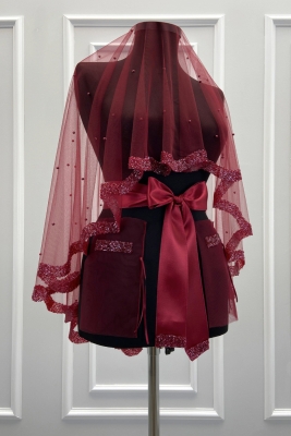 Bordo Gelin Duvak Seti, Cam Boncuk Ve İncili, Kına Gecesi Duvağı Yüz Örtüsü Seti 6 Parça