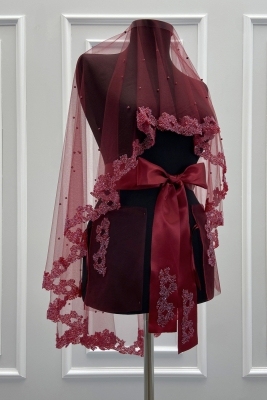 Bordo Gelin Duvak Seti, Cam Boncuk Ve İncili, Kına Gecesi Duvağı Yüz Örtüsü Seti 6 Parça