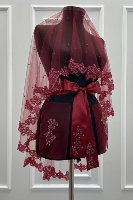 Bordo Gelin Duvak Seti, Cam Boncuk Ve İncili, Kına Gecesi Duvağı Yüz Örtüsü Seti 6 Parça