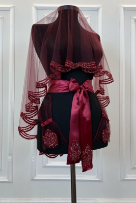 Bordo Gelin Duvak Seti, Cam Boncuk Ve Pul Baskılı Kına Duvağı Seti 6 Parça