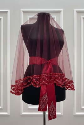 Bordo Gelin Duvak Seti, Cam Boncuk Ve Pul Baskılı Kına Duvağı Seti 6 Parça