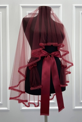 Bordo Gelin Duvak Seti, Cam Boncuk ve İnci İşlemeli, Kına Gecesi Duvağı Seti 6 Parça