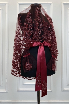 Bordo Gelin Duvak Seti, Cam Boncuk ve Pul Baskılı Kına Duvağı Seti 6 Parça