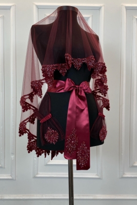 Bordo Gelin Duvak Seti, Cam Boncuk ve Pul Baskılı Kına Duvağı Seti 6 Parça