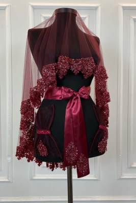 Bordo Gelin Duvak Seti, Cam Boncuk ve Pul Baskılı Kına Duvağı Seti 6 Parça