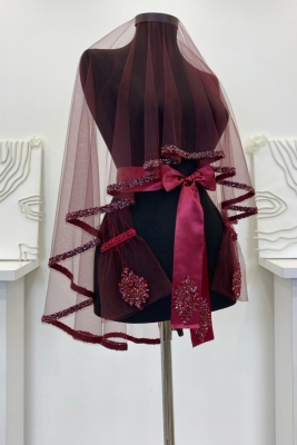 Bordo Gelin Duvak Seti, Cam Boncuk ve Pul Baskılı Kına Duvağı Seti 6 Parça