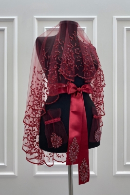 Bordo Gelin Duvak Seti, Cam Boncuk ve Pul Baskılı Kına Duvağı Seti 6 Parça