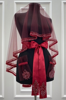 Bordo Gelin Duvak Seti, Cam Boncuk ve Pul Baskılı Kına Duvağı Yüz Örtüsü Seti 6 Parça