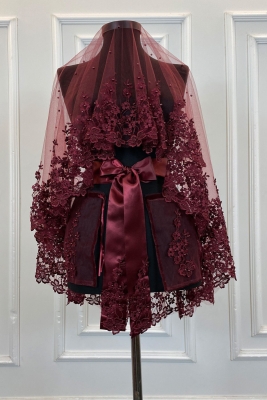 Bordo Gelin Duvak Seti, Güpürlü Ve Inci Süslemeli Kına Gecesi Duvağı Alı Örtüsü 6 Parça