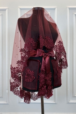 Bordo Gelin Duvak Seti, Güpürlü Ve Inci Süslemeli Kına Gecesi Duvağı Alı Örtüsü 6 Parça