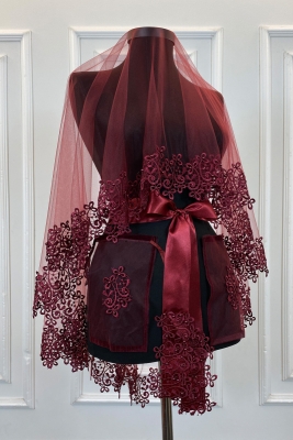 Bordo Gelin Duvak Seti, Güpürlü Ve İnci Süslemeli Kına Gecesi Duvağı Alı Örtüsü 6 Parça