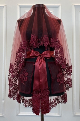 Bordo Gelin Duvak Seti, Güpürlü Ve İnci Süslemeli Kına Gecesi Duvağı Alı Örtüsü 6 Parça