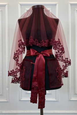 Bordo Gelin Duvak Seti, Güpürlü Ve İnci Süslemeli Kına Gecesi Duvağı Alı Örtüsü 6 Parça