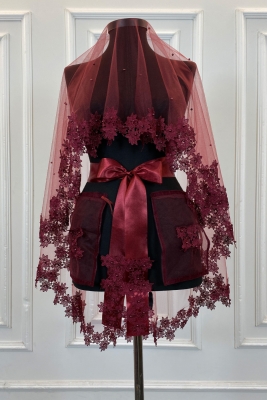 Bordo Gelin Duvak Seti, Güpürlü Ve İnci Süslemeli Kına Gecesi Duvağı Alı Örtüsü 6 Parça