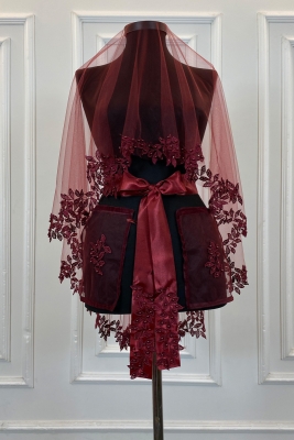 Bordo Gelin Duvak Seti, Güpürlü Ve İnci Süslemeli Kına Gecesi Duvağı Alı Örtüsü 6 Parça