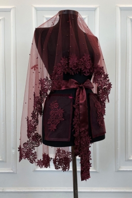 Bordo Gelin Duvak Seti, Güpürlü Ve İnci Süslemeli Kına Gecesi Duvağı Alı Örtüsü 6 Parça