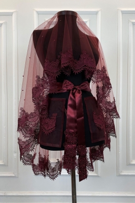 Bordo Gelin Duvak Seti Güpürlü Ve İnci Süslemeli Kına Gecesi Duvağı Alı Örtüsü 6 Parça