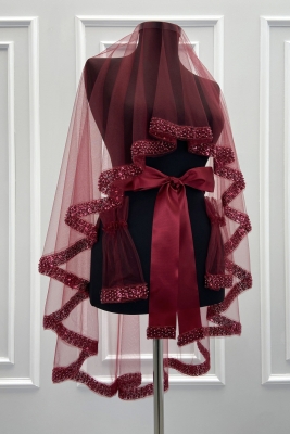 Bordo Gelin Duvak Seti, İnci, Pul Ve Cam Boncuk İşlemeli, Kına Gecesi Duvağı Seti 6 Parça