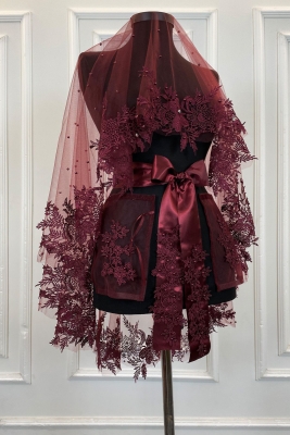 Bordo Gelin Duvak Seti, İnci Ve Parlak Taş Süslemeli Kına Gecesi Duvağı Alı Örtüsü 6 Parça