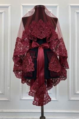 Bordo Gelin Duvak Seti, Işıl Işıl Güpürlü, Pul İşlemeli Kına Gecesi Duvağı Alı Örtüsü 6 Parça