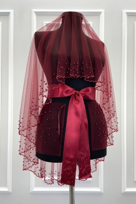 Bordo Gelin Duvak Seti, Işıl Işıl Kristal Boncuk Ve İncili, Kına Duvağı 6 Parça