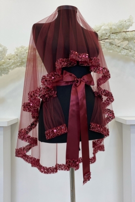 Bordo Gelin Duvak Seti, Işıl Işıl Kristal Cam Boncuk, İnci ve Pul İşlemeli Kına Duvağı 6 Parça