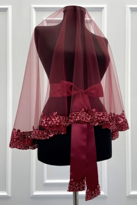 Bordo Gelin Duvak Seti, Işıl Işıl Kristal Cam Boncuk, İnci ve Pul İşlemeli Kına Duvağı 6 Parça