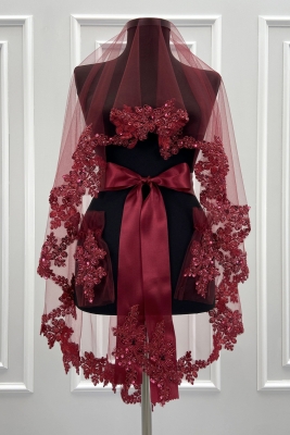 Bordo Gelin Duvak Seti, Işıl Işıl Kristal Cam Boncuk Ve Pul İşlemeli Kına Duvağı 6 Parça