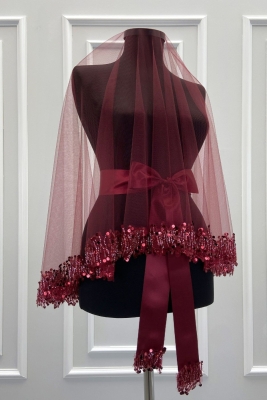 Bordo Gelin Duvak Seti, Işıl Işıl Kristal Cam Boncuk Ve Pul İşlemeli Kına Duvağı 6 Parça