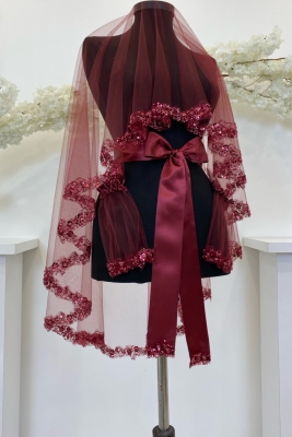 Bordo Gelin Duvak Seti, Su Taşlı Elegance Model Kına Duvağı 6 Parça