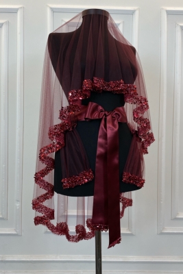 Bordo Gelin Duvak Seti, Su Taşlı Pullu Boncuklu Incili Yaprak Desenli Kına Duvağı Alı Seti 6 Parça