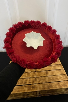 Bordo Gelin Kına Gecesi Tepsisi, Düğün, Sünnet, Kadife Üç Boyutlu Lazer Çiçek Süslemeli Tepsi