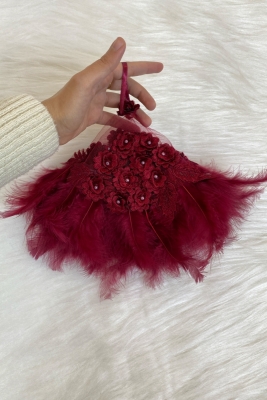 Bordo Gelin Mendili, Halay Mendili, Kat Kat Çiçekli Güpür Inci Tüy Süslemeli