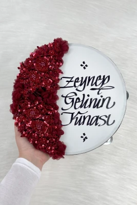 Bordo Gelin Tefi 30 Cm, Kaligrafi Ve Vip Aplik Süslemeli, Düğün Sünnet Kına Nedime Nikah Nişan Söz Bride Parti Bekarlığa Veda Partisi Gelin Damat